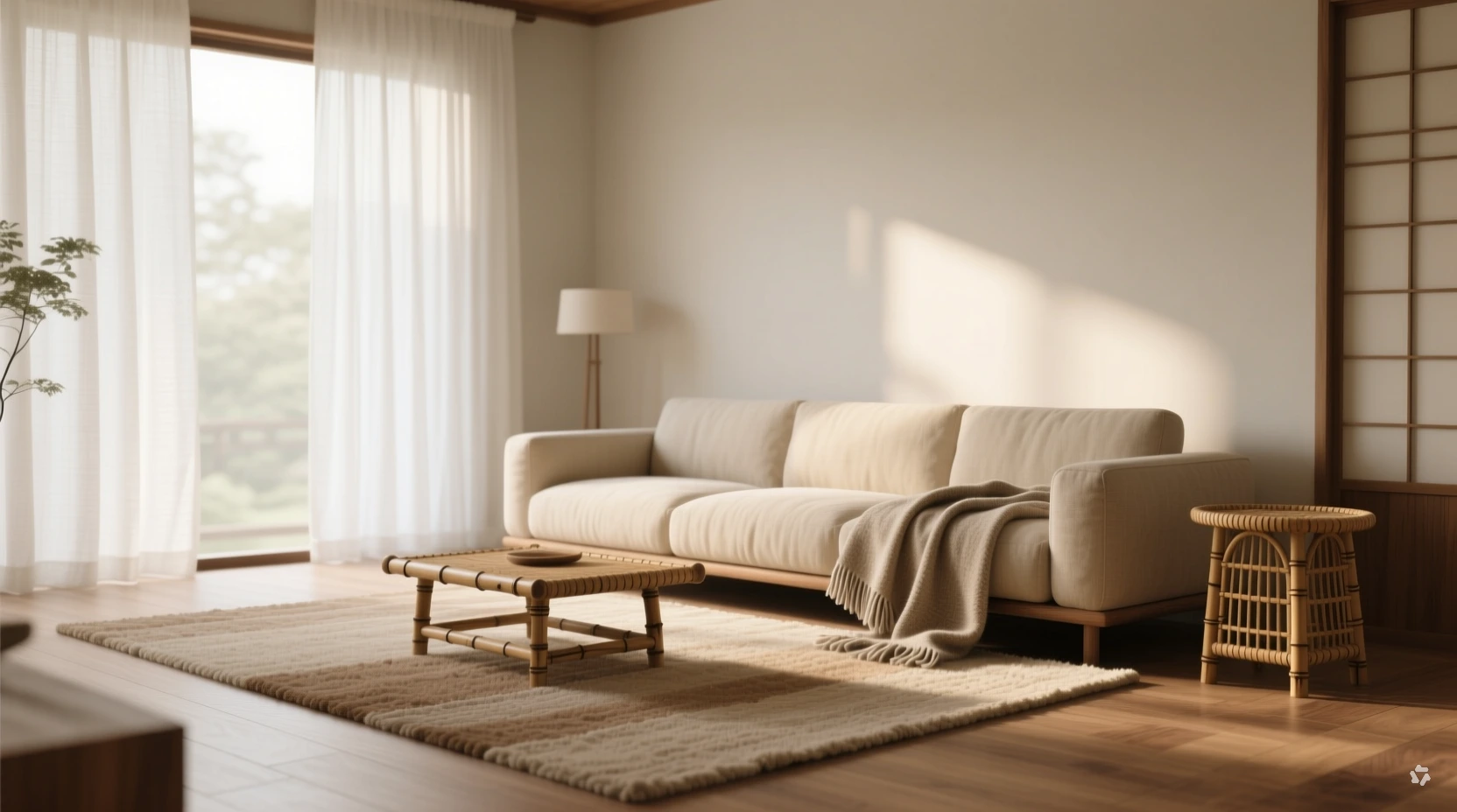 Scandinavian-inspired low-pile rug styled under a neutral sectional sofa