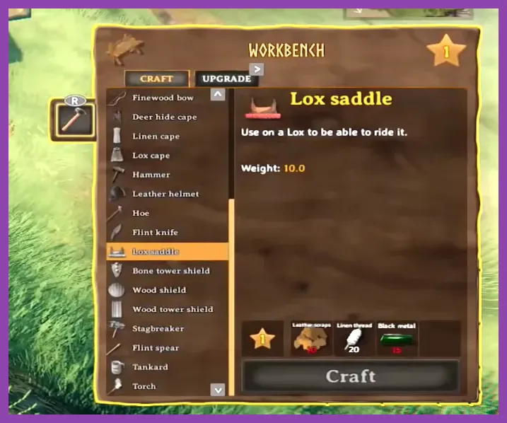 Crafting a Lox saddle at a workbench in Valheim