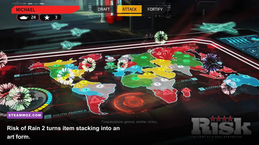 Survivors battling a horde of enemies in Risk of Rain 2