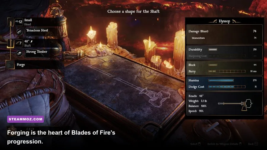 Blades of Fire weapon forging interface and anvil