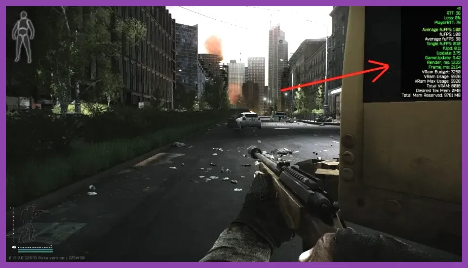 Escape from Tarkov gameplay with FPS and frame time monitoring on a PC