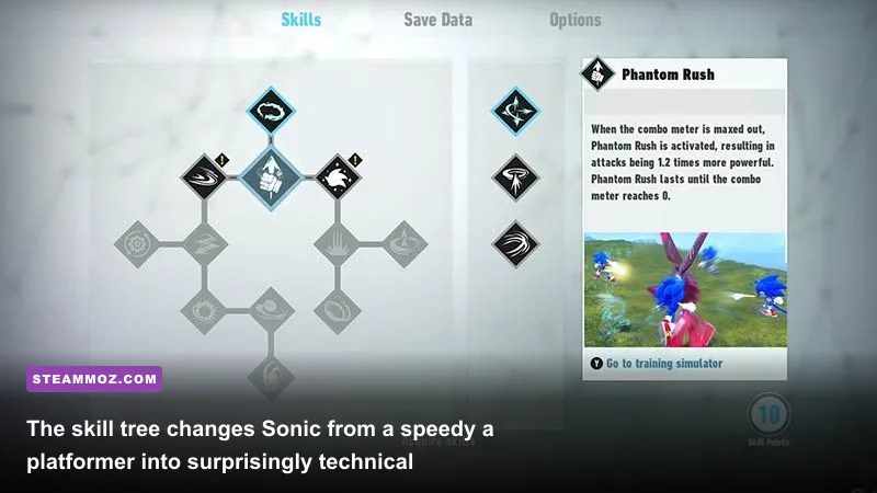 Sonic Frontiers combat skill tree showing Phantom Rush and Wild Rush abilities