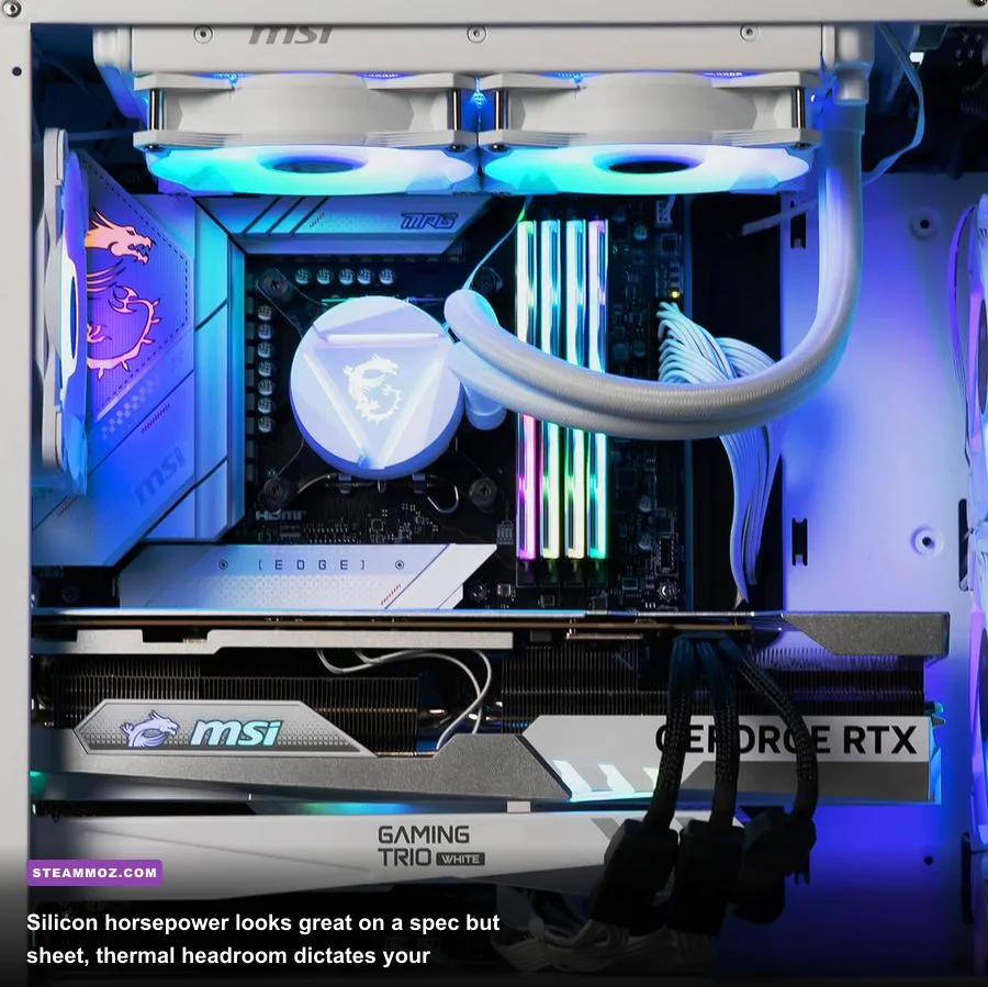 Nvidia GeForce RTX graphics card and CPU cooler installed inside an ATX gaming desktop