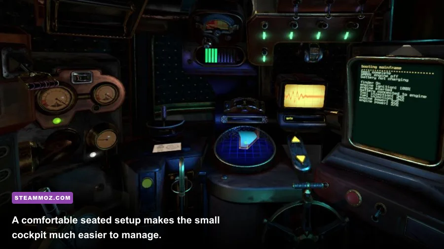 A Rogue Escape seated VR gameplay view inside a futuristic escape pod
