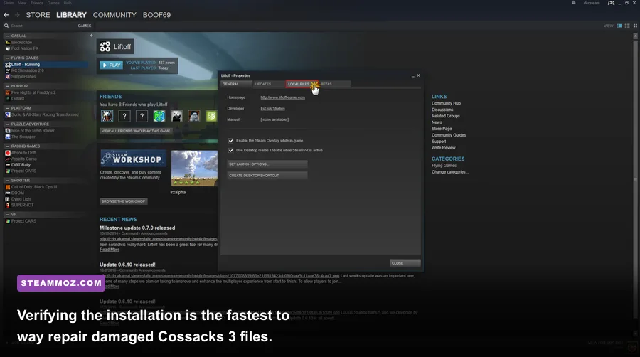 Steam properties window showing the verify integrity of game files option