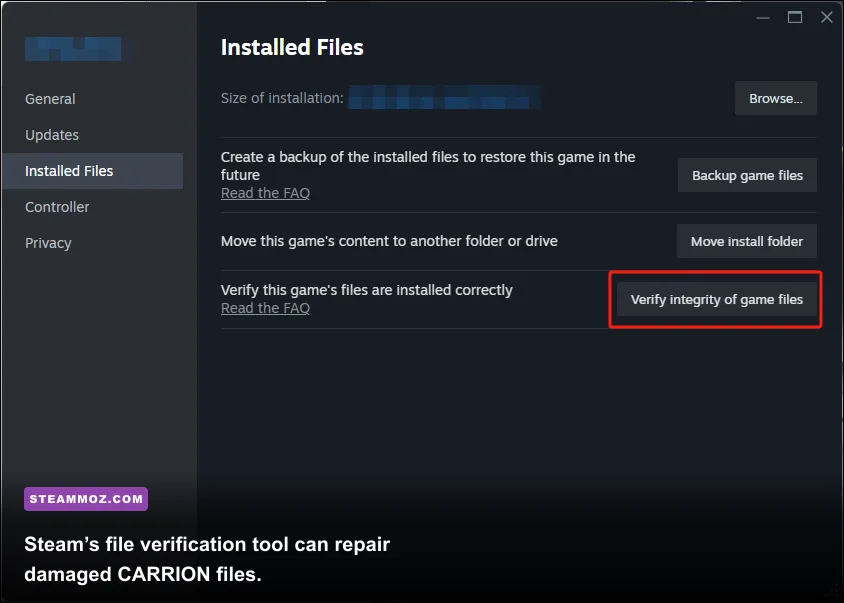 Steam verify integrity of game files menu for CARRION