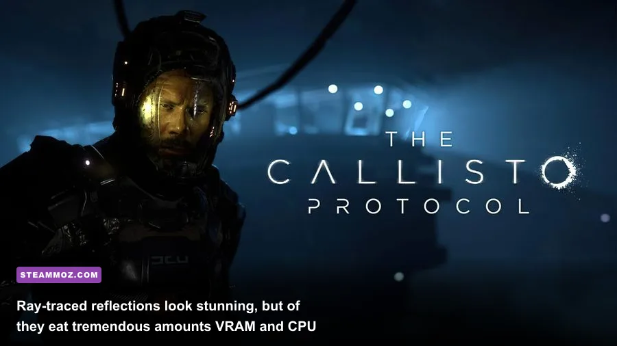 Wet floor surface reflecting emergency red warning lights in The Callisto Protocol