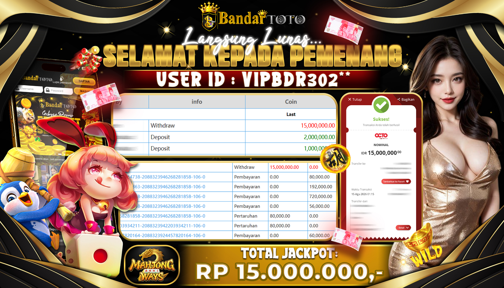 BANDARTOTO JACKPOT PG-MAHJONG WAYS  15 JUTA DIBAYAR LUNAS,-