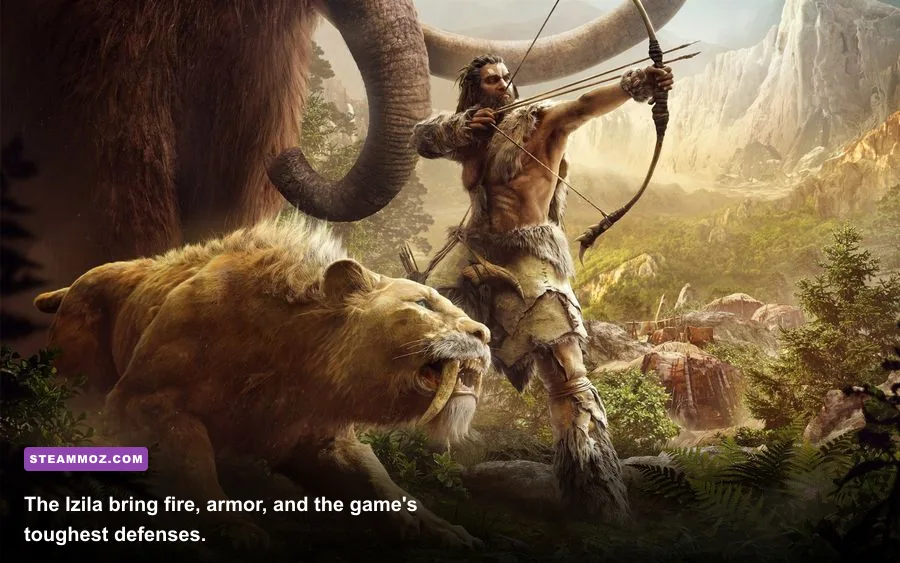 Takkar fighting Izila warriors near a fortress in Far Cry Primal