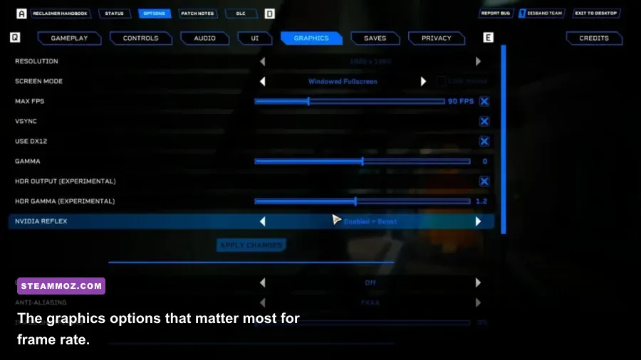 Deep Rock Galactic PC graphics settings menu with performance options