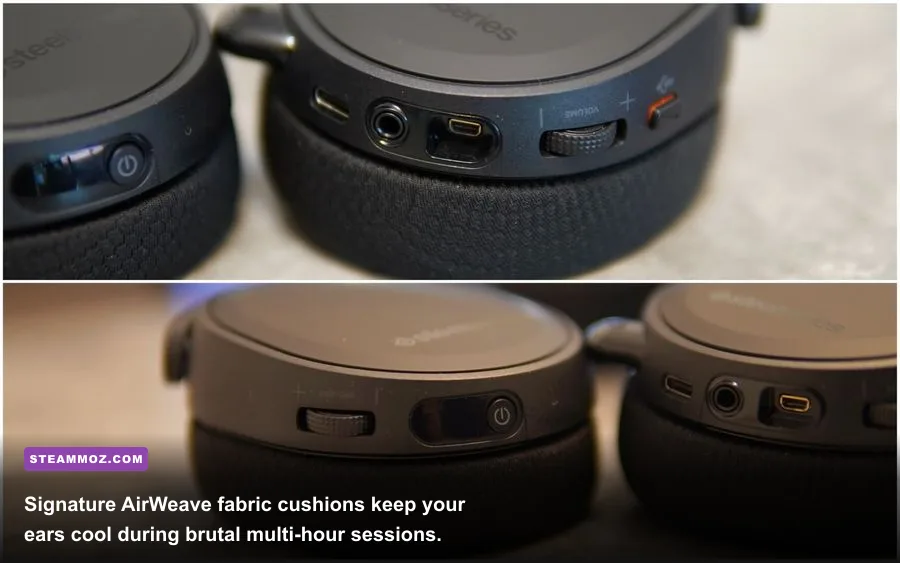 Close-up of the SteelSeries Arctis 9 AirWeave fabric ear cushion and driver enclosure