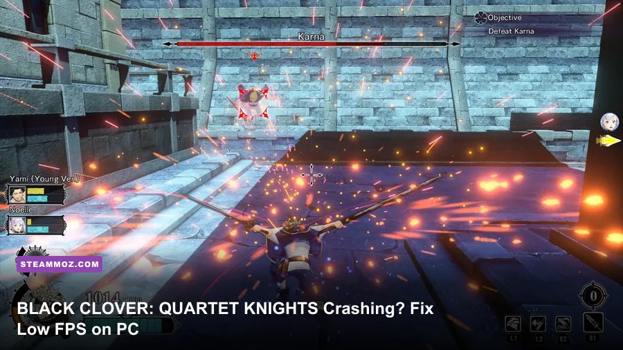 BLACK CLOVER QUARTET KNIGHTS PC gameplay showing Asta and Yuno in a 4v4 battle