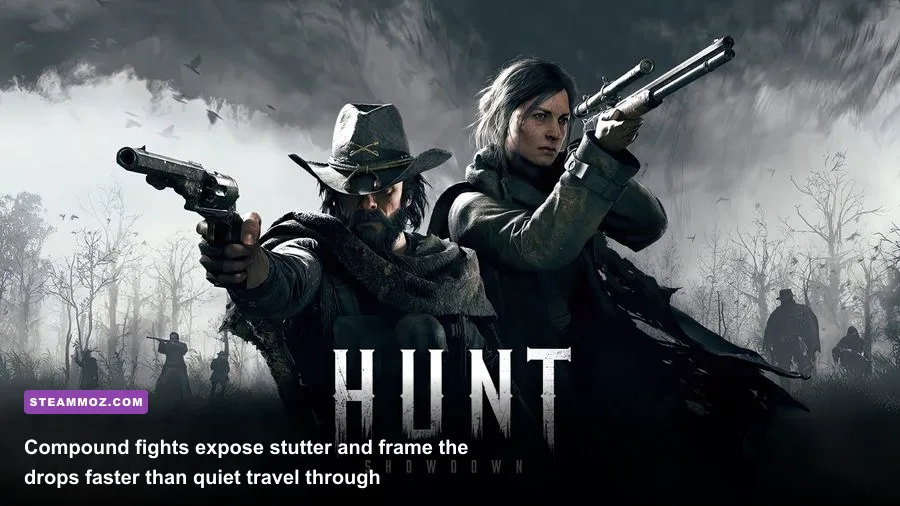 Hunt Showdown 1896 hunters fighting around a wooden compound at 1440p