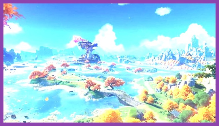Vast scenic open world landscape in Genshin Impact with player character standing on a cliff