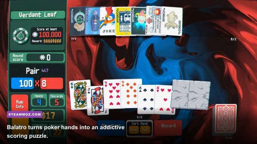 Balatro gameplay showing joker cards and poker hand scoring multipliers