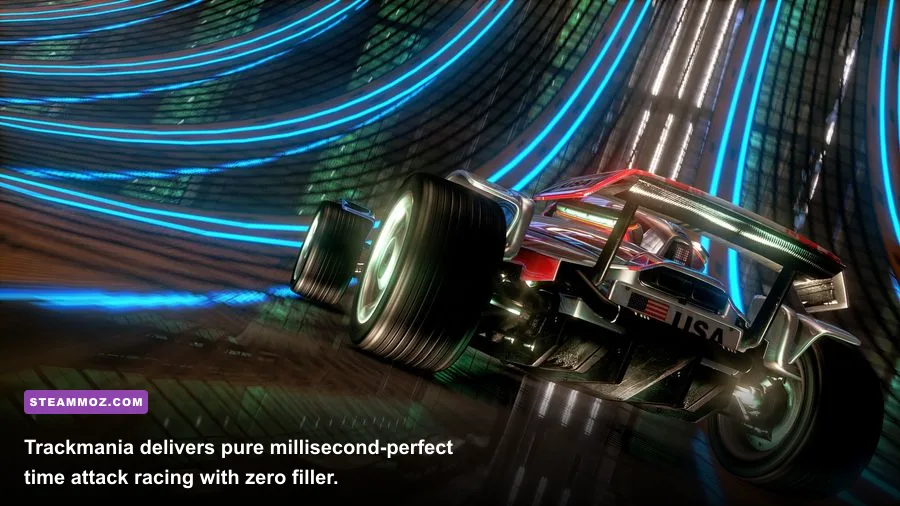 Trackmania car executing high-speed drift over a stadium jump