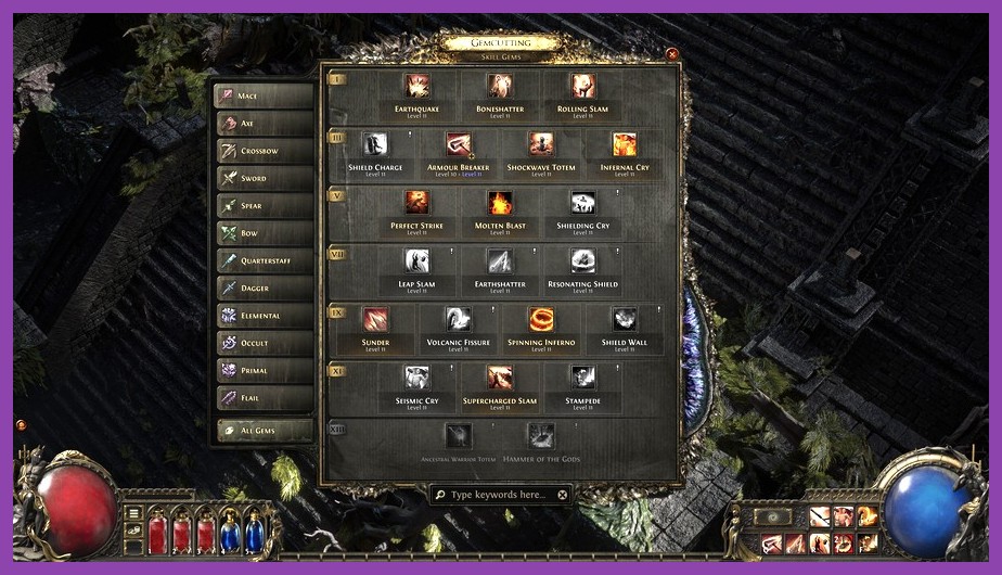 Path of Exile 2 gem inventory showing uncut skill gems and support gems menu