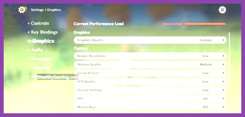 Genshin Impact Android graphics settings showing frame rate and render resolution options