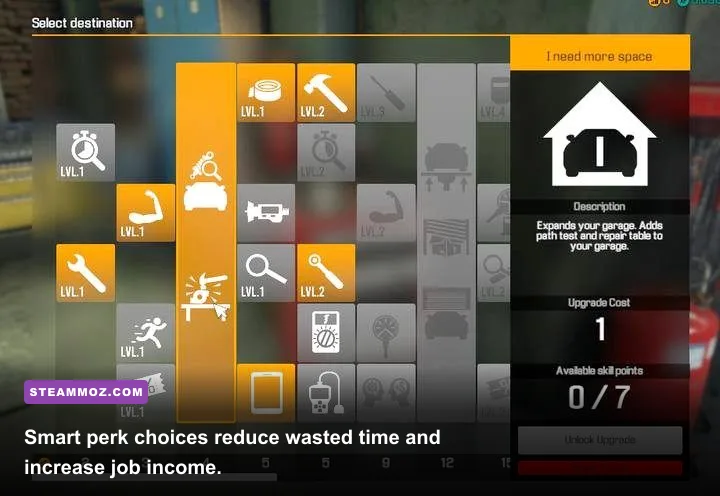 Car Mechanic Simulator 2015 skill tree with repair and financial perks