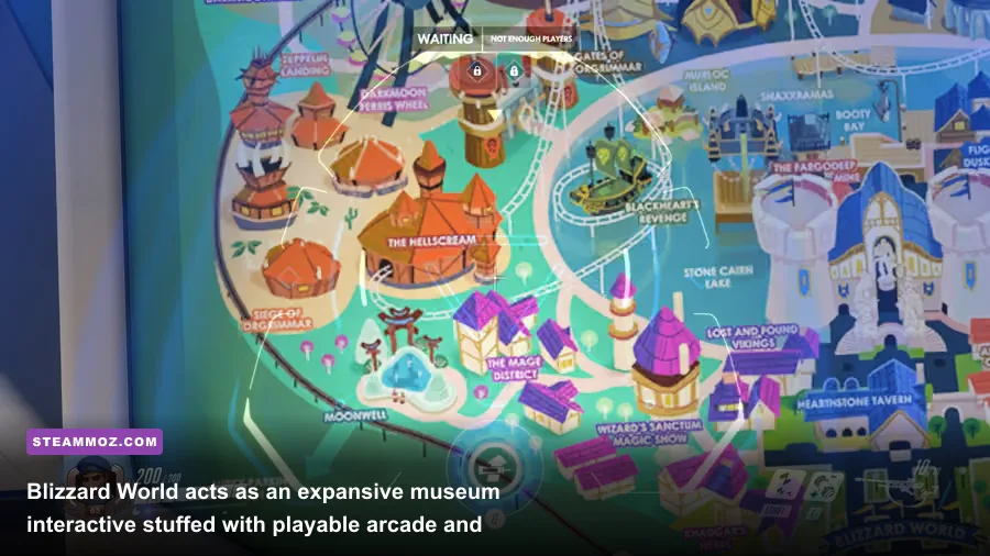 Blizzard World map storefronts featuring Diablo and StarCraft easter eggs in Overwatch