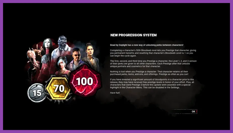 Dead by Daylight prestige system interface and bloodpoints