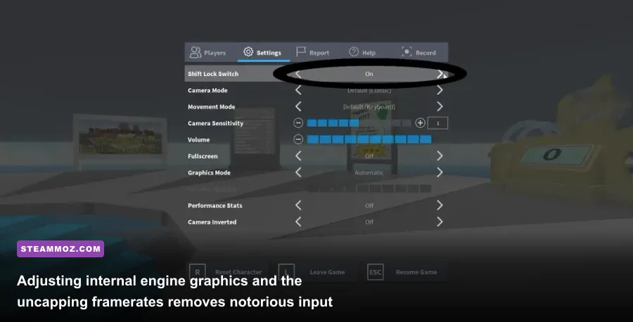 Roblox PC in-game settings menu showing framerate cap and graphics quality sliders