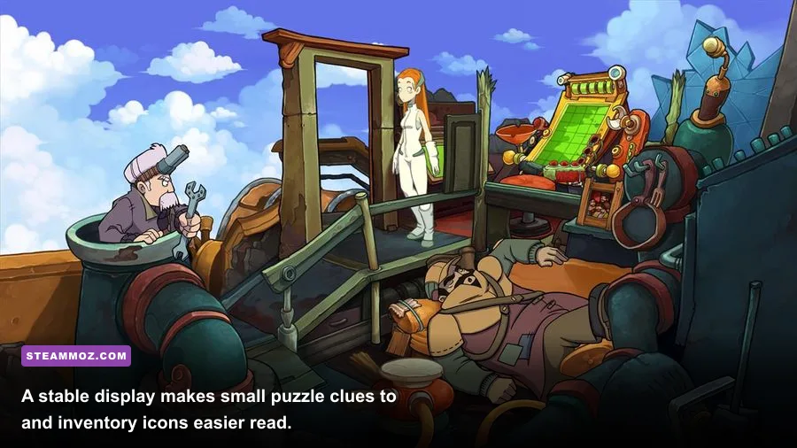 Goodbye Deponia puzzle scene with inventory items visible