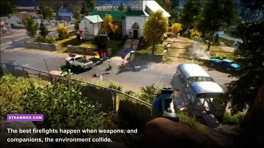 Far Cry 5 gameplay with an assault rifle and companions in Hope County