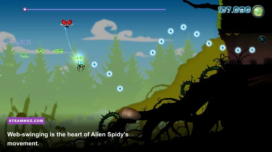 Alien Spidy using his web to swing between platforms