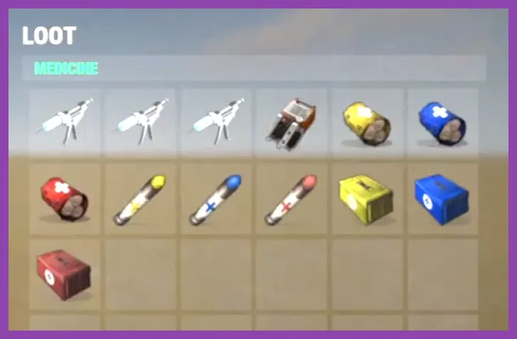 Rust inventory containing medical syringes bandages and combat supplies