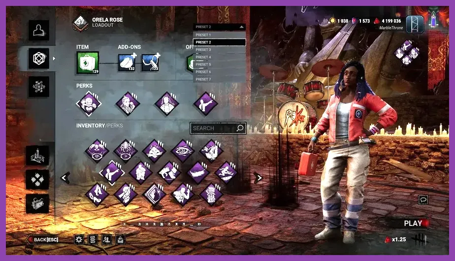 Dead by Daylight survivor perks loadout screen with farming perks equipped