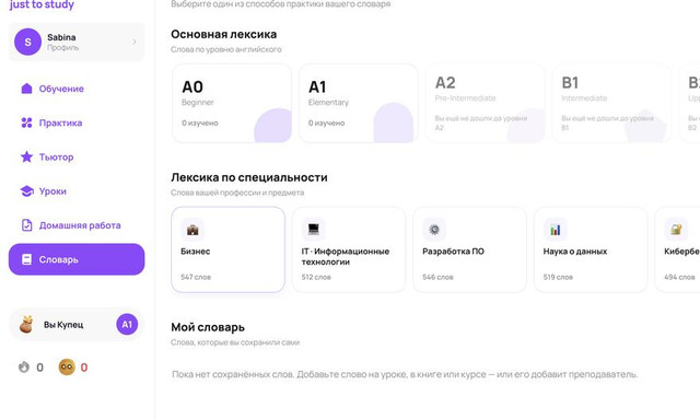 Раздел Словарь: уровни от A0 до B2 и лексика по специальности