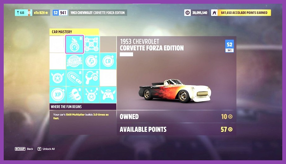 Car Mastery perk tree screen showing credit payouts in Forza Horizon 5
