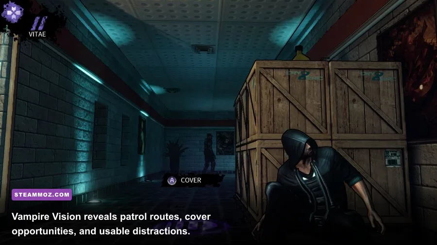 DARK gameplay showing Vampire Vision highlighting guards and interactive objects