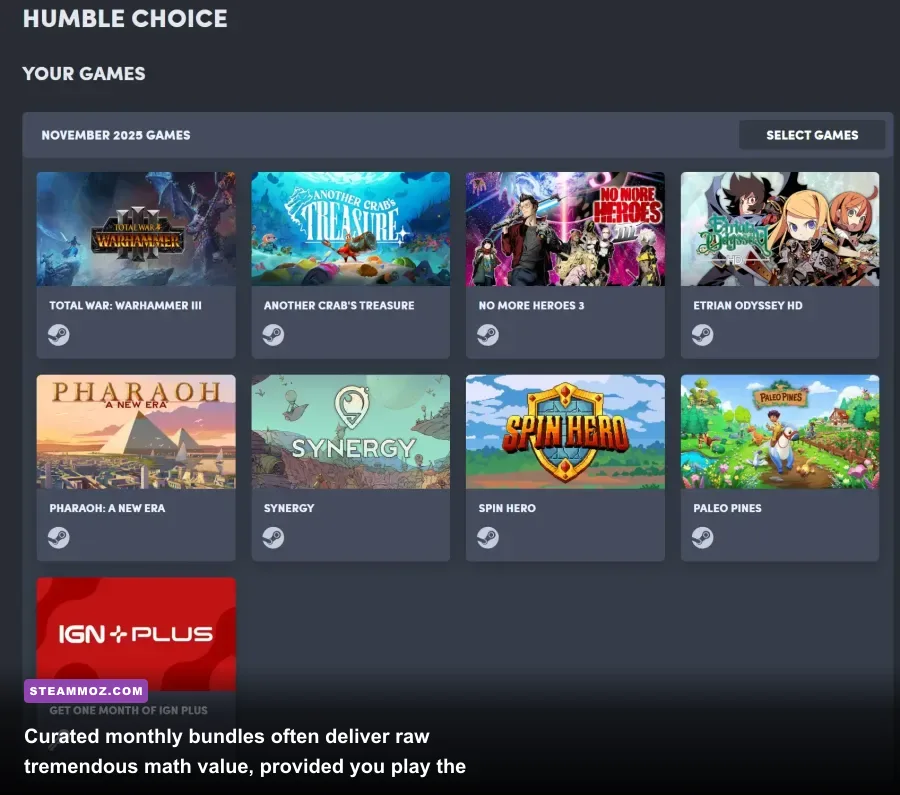 Humble Choice monthly subscription lineup showing curated Steam keys