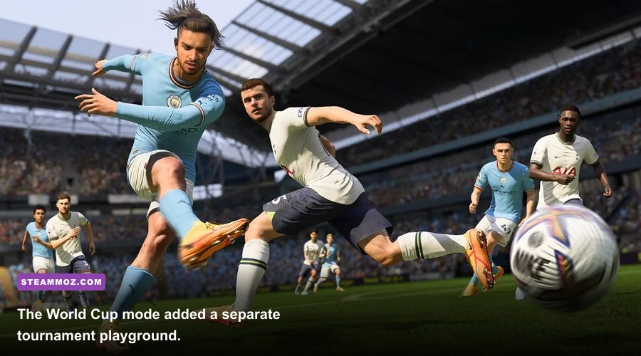 FIFA 23 World Cup mode match in a Qatar stadium