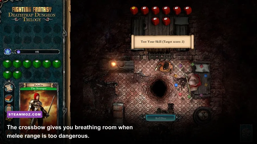 Deathtrap Dungeon character using a crossbow against a dungeon enemy