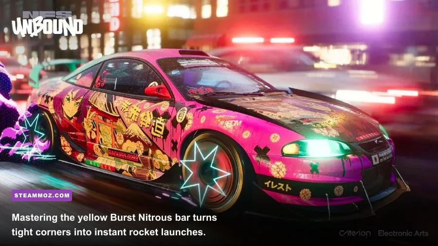 Yellow burst nitrous firing during a sharp cornering maneuver in NFS Unbound