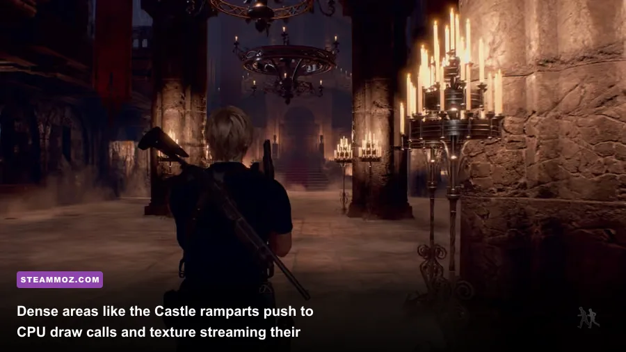 Leon aiming sniper rifle inside Castle Salazar in Resident Evil 4 remake
