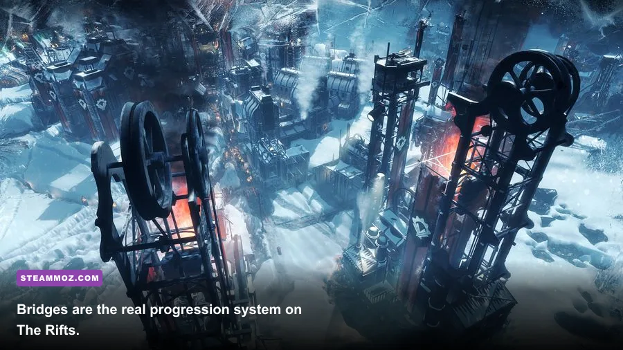Frostpunk The Rifts bridge connecting separate islands around a frozen settlement
