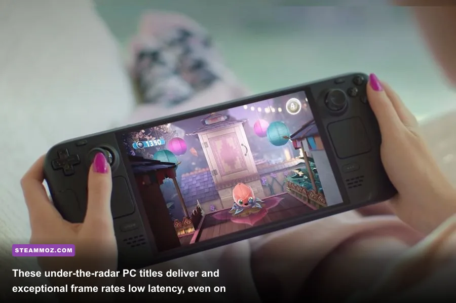 Handheld PC setup displaying indie gaming performance and frame pacing