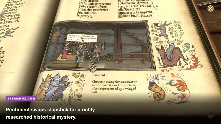 Pentiment gameplay showing Tassing village in its illuminated manuscript art style