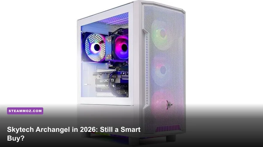 Skytech Archangel gaming PC with white case and RGB lighting