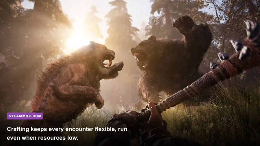 Far Cry Primal weapon wheel showing crafted spears clubs and fire arrows