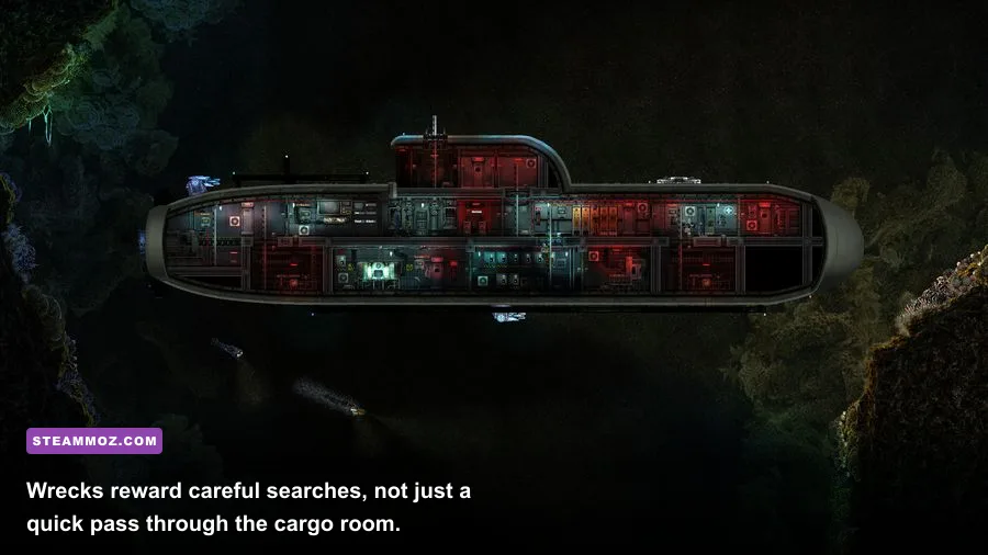 Barotrauma crew searching a wreck interior for hidden cabinets and supplies