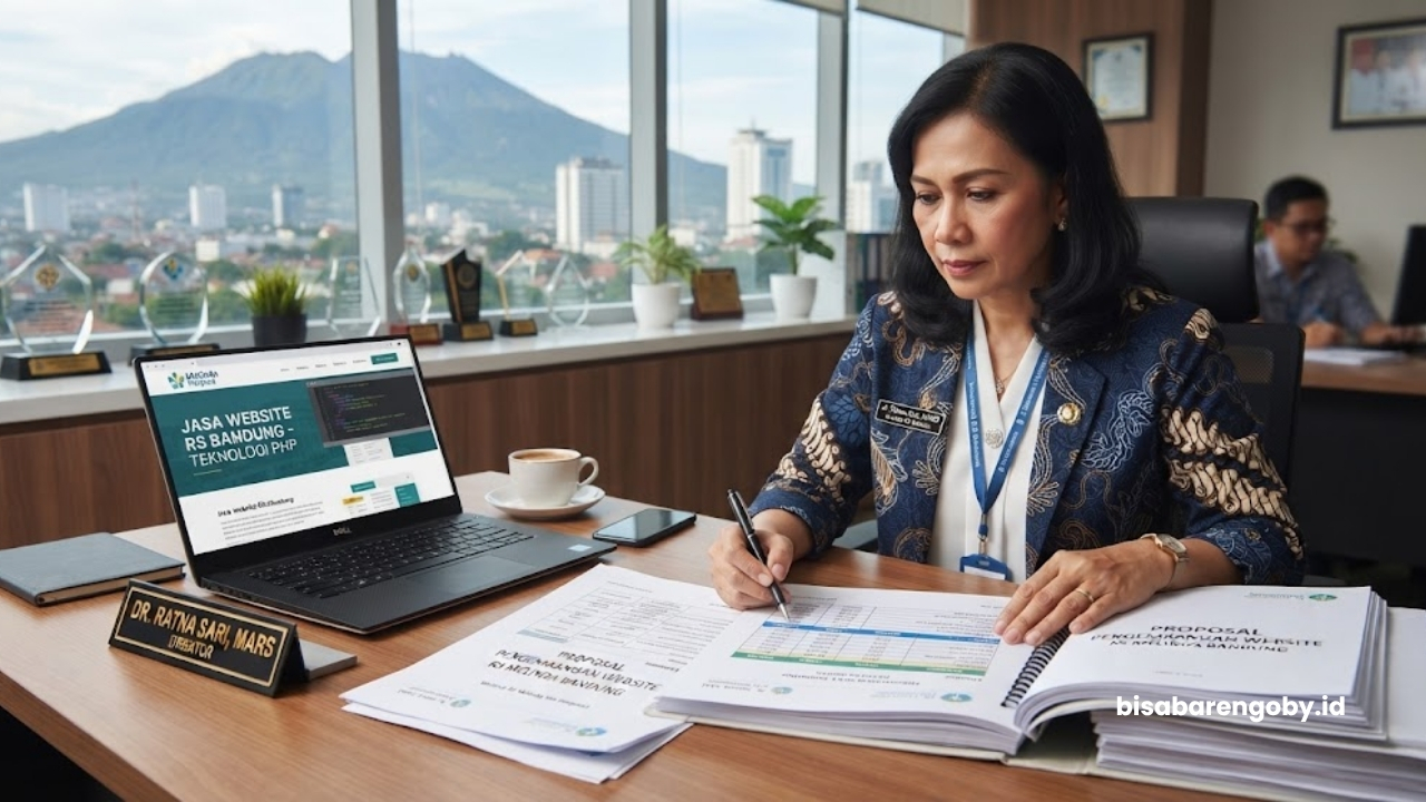 Direktur rumah sakit menyeleksi dokumen proposal saat mencari jasa website rumah sakit untuk perusahaan di Bandung berbasis PHP