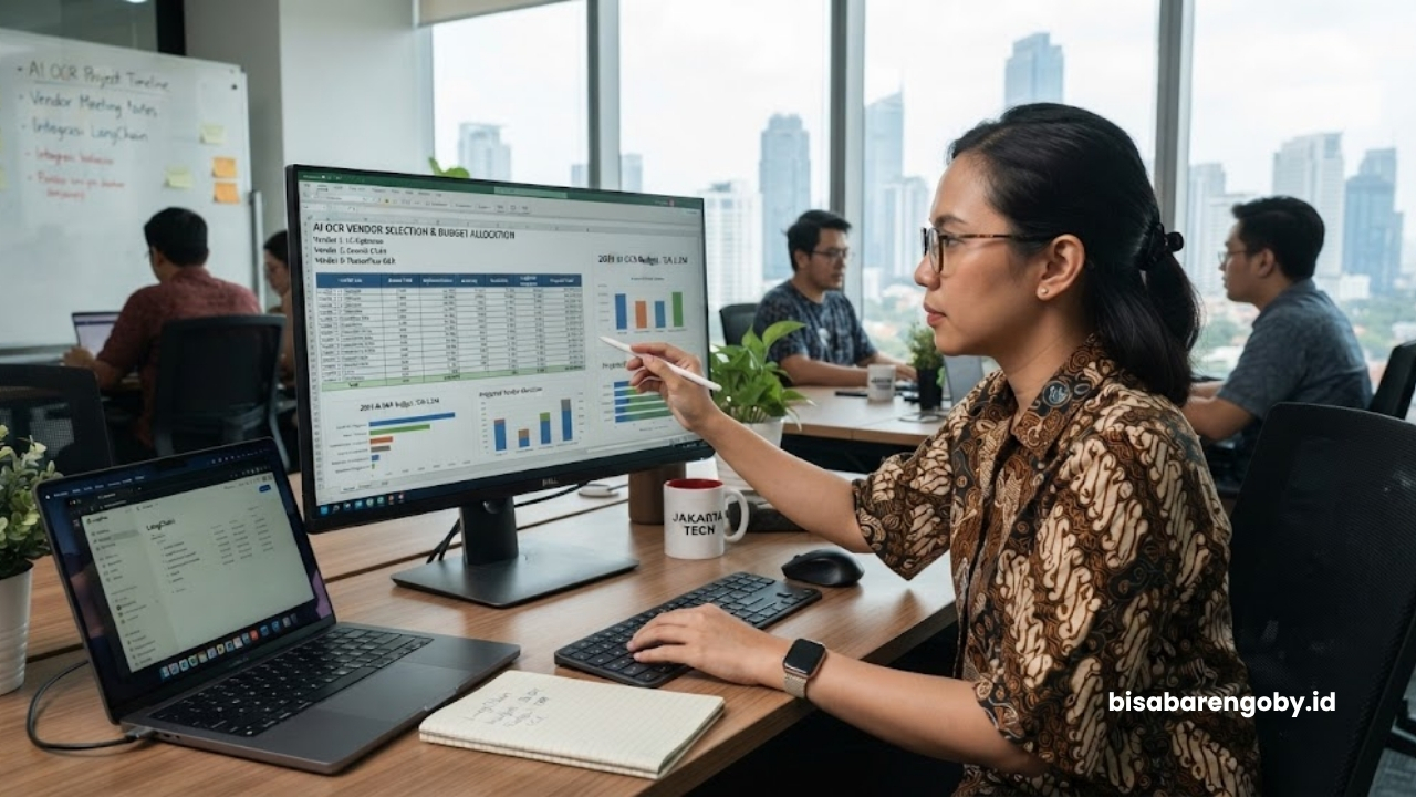 Manajer pengadaan memproyeksikan alokasi anggaran saat menyeleksi vendor AI OCR untuk startup di Jakarta berbasis LangChain