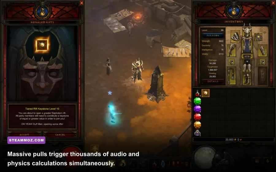 High density monster pull in Diablo 3 Greater Rift with spell effects