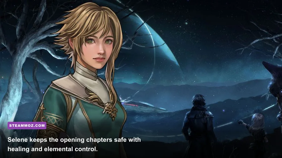 Selene casting a healing spell during combat in Edge Of Eternity