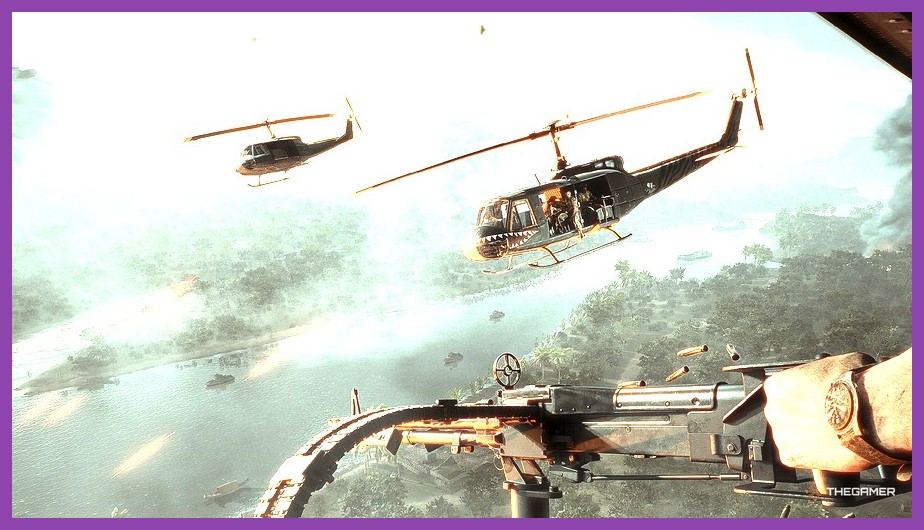 The addition of pilotable helicopters completely changes the logistics of the game Bell UH-1 Huey helicopter flying in Hell Let Loose Vietnam